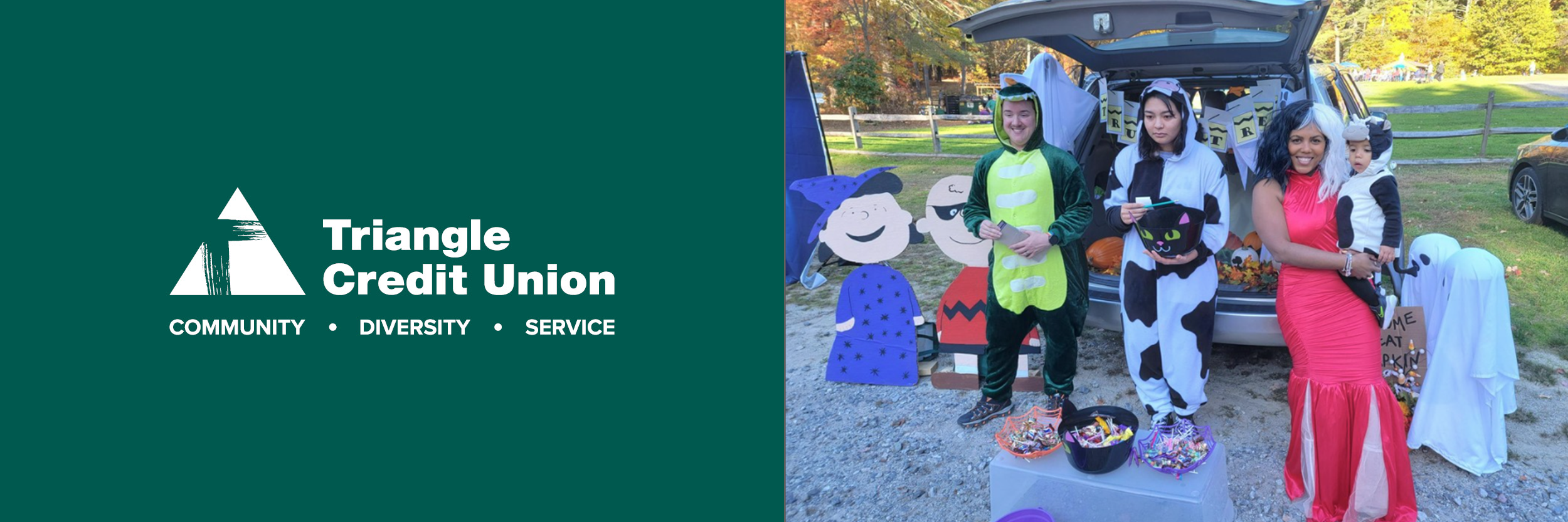 Employees pictured are dressed as Cruella DeVil, a cow, and a dinosaur at the Trunk or Treat Event in 2022