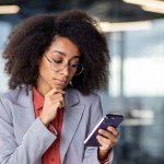 Young afro-latina woman looking questionable at phone