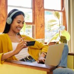 Female relax at home, radio streaming with fintech, internet banking and payment success.